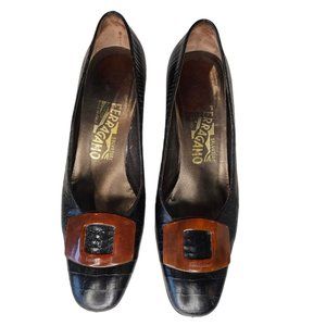 VTG Salvatore Ferragamo Size 7 B Black Crock Embossed Heels Pumps Turtouise Shel